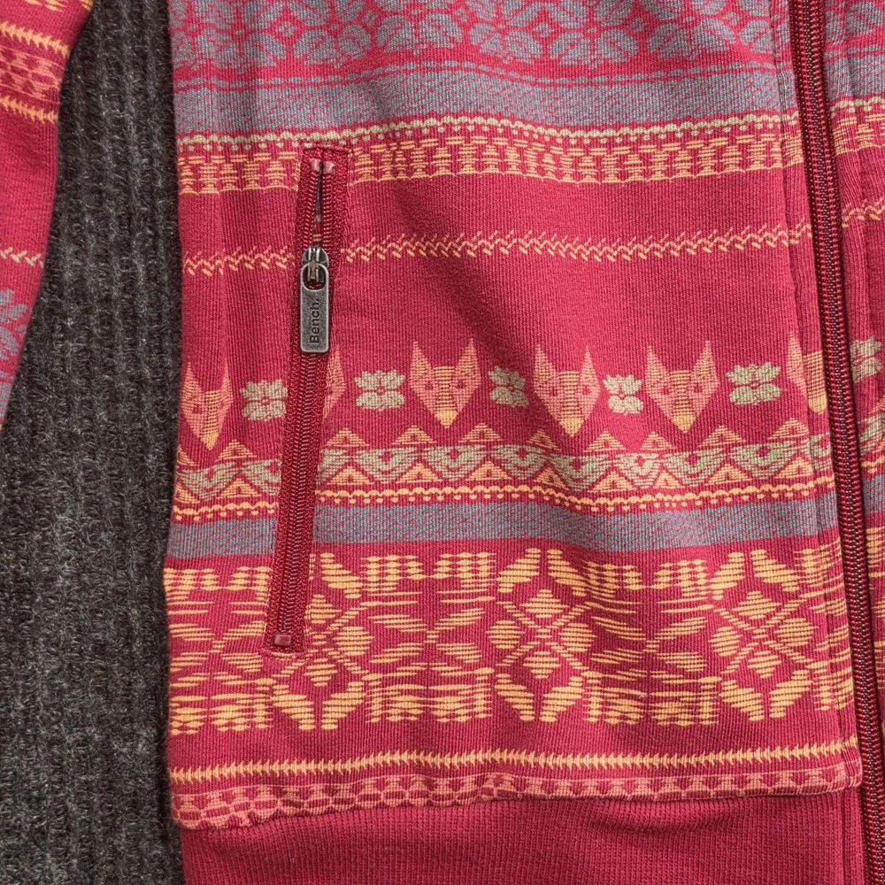 Bench Full Zip Sweatshirt Womens Small Burgundy Good Fair Isle Fox Logo Pockets
